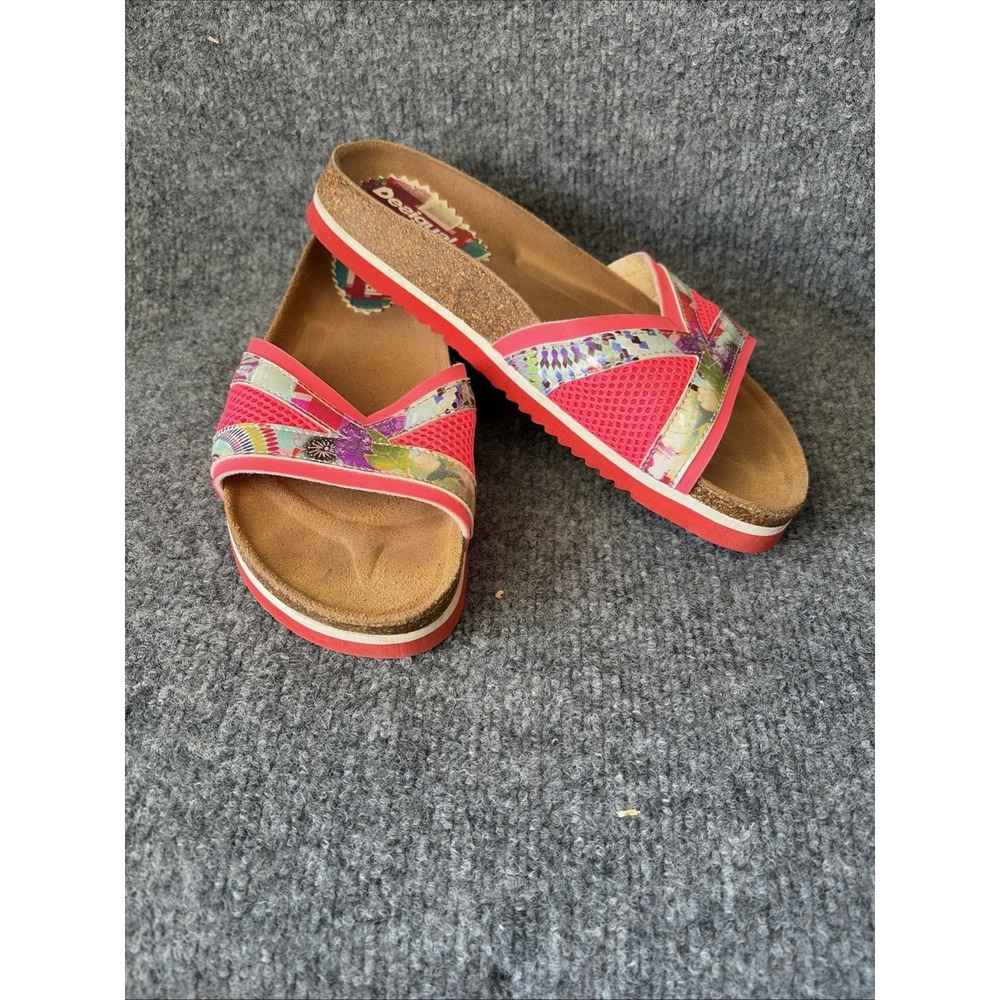 Desigual Sandals Women 8 Multicolor Floral Slip On Flat Leather Summer Slides